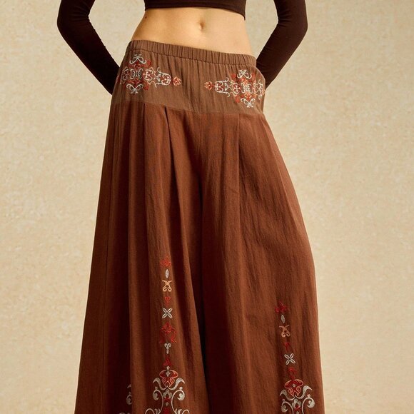 Coffee Brown Women's Patchwork Embroidered Wide Leg Pants - Picture 10 of 10